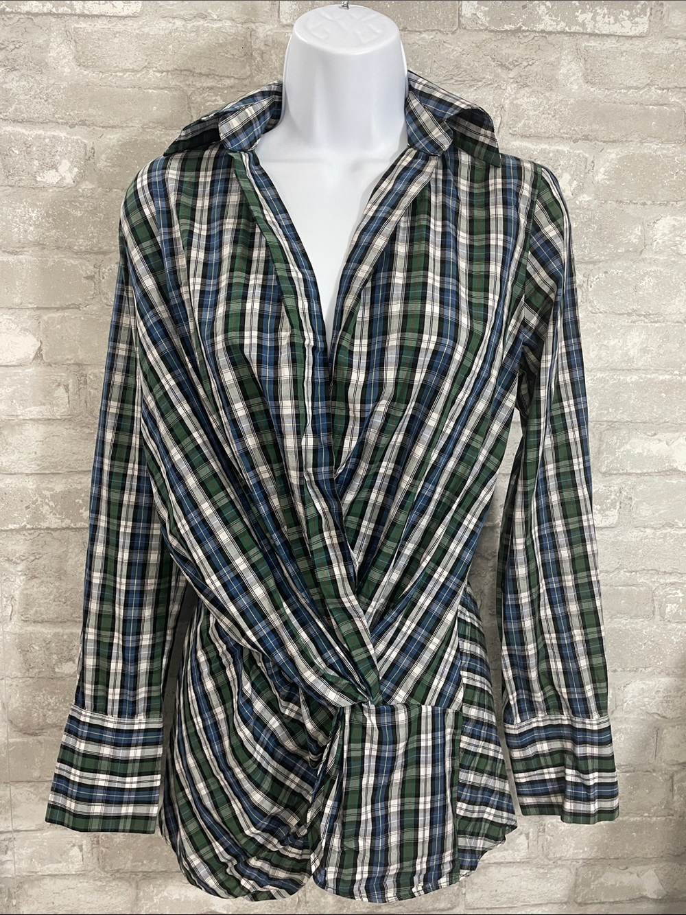 Zara Green, Blue and White Plaid Twisted Front Blouse